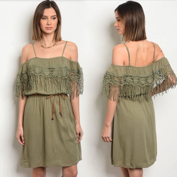 denim land Dresses & Skirts - Fringe crochet detail boho dress in olive green. NO BELT NWT